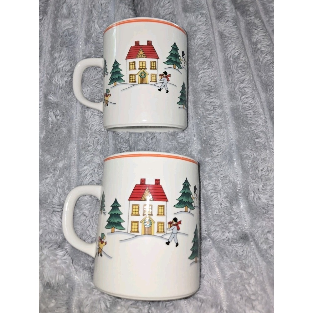 Jamestown China Joy of Christmas Coffee Mugs Set‎ of 2 Winter Village Scene